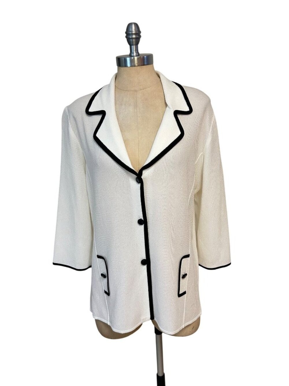 Misook White & Black Acrylic Blazer Jacket With 3/4 Sleeves Womens Large